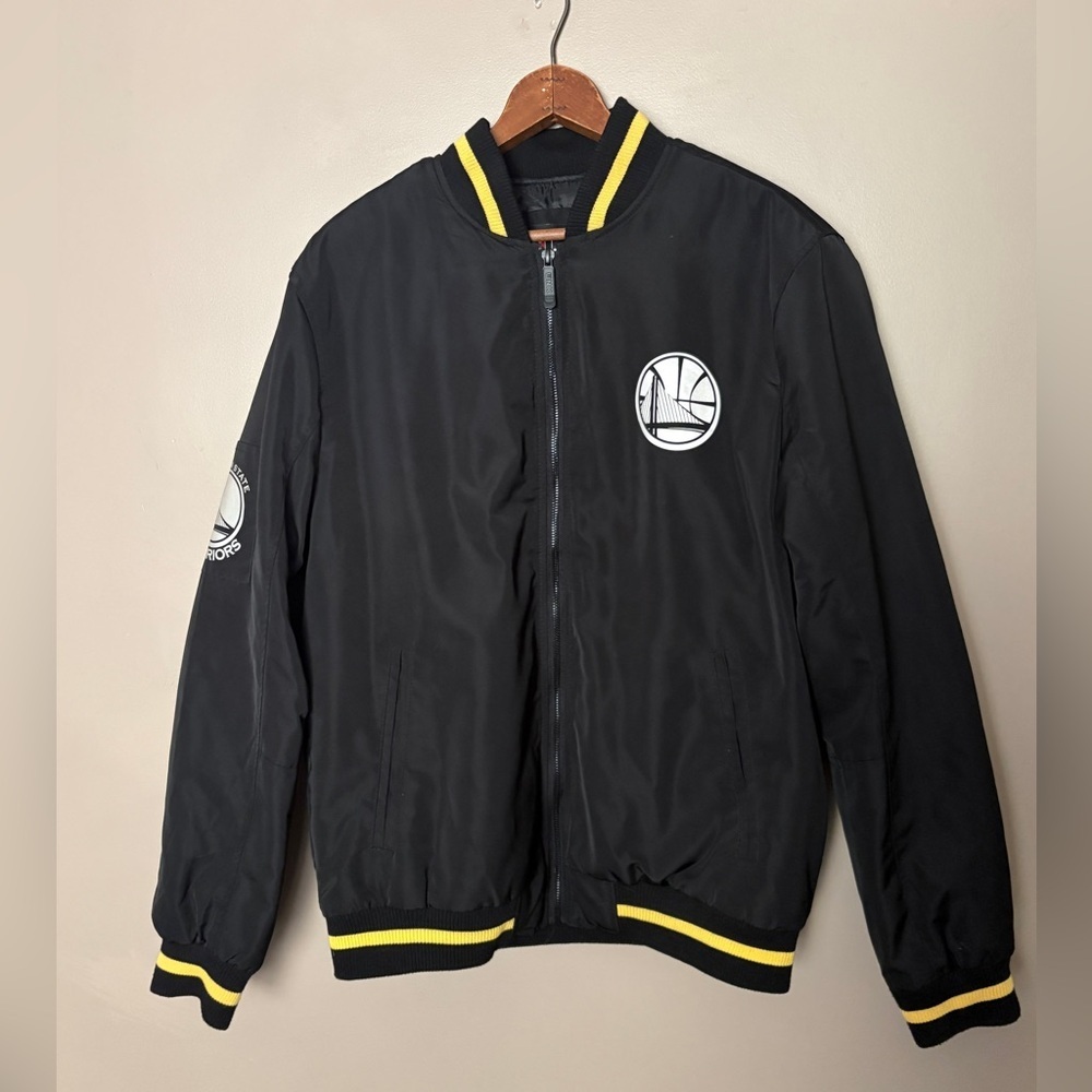NBA Golden State Warriors black bomber jacket quilted full zip streetwear sz L